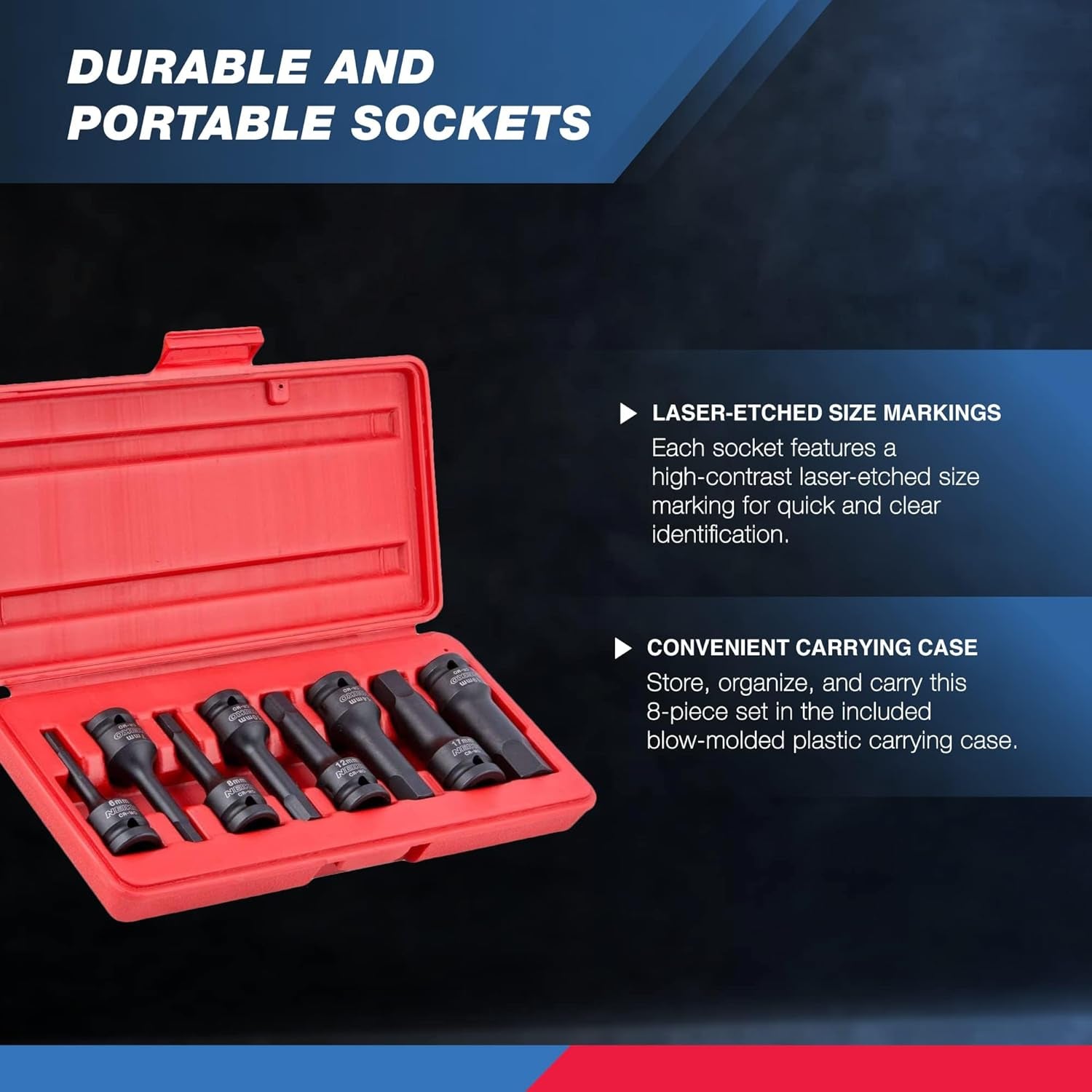 01136B 1/2” Drive Allen Bit Socket Set | 8 Piece | MM | 6Mm to 19Mm | 3” Length | Cr-Mo Impact Grade
