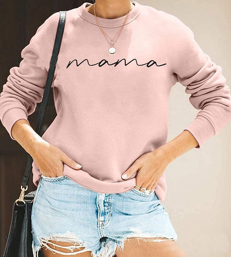 Womens Crewneck Sweatshirt Mama Letter Print Long Sleeve Loose Fashion Pullover Top