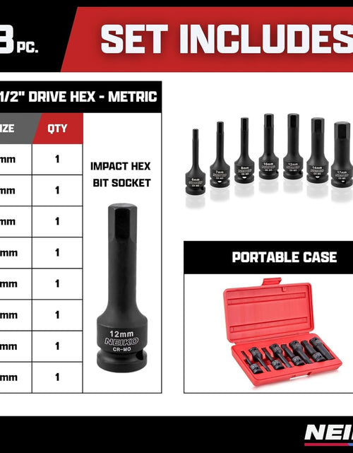 Load image into Gallery viewer, 01136B 1/2” Drive Allen Bit Socket Set | 8 Piece | MM | 6Mm to 19Mm | 3” Length | Cr-Mo Impact Grade
