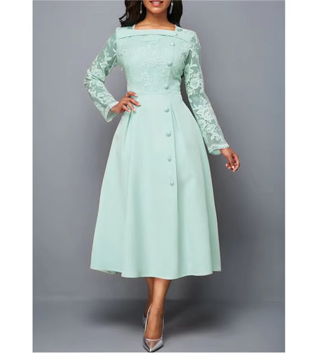 Dresses for Women Elegant Long Sleeve Lace Stitching High Waist Big Hem Mid-Length Oversized Dresses for Women
