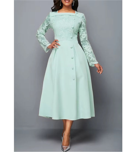 Dresses for Women Elegant Long Sleeve Lace Stitching High Waist Big Hem Mid-Length Oversized Dresses for Women