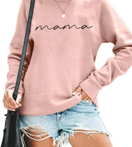 Womens Crewneck Sweatshirt Mama Letter Print Long Sleeve Loose Fashion Pullover Top