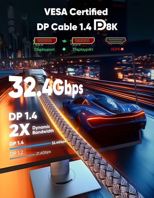 Load image into Gallery viewer, 8K 4K Displayport Cable, 6.6FT DP Cable 1.4 [VESA Certified,32.4Gbps,8K@60Hz,4K@144Hz,2K@240Hz/165Hz/144Hz], Bradied High Speed Display Port Cable for Gaming Monitor, Hdr/Hdcp/Freesync/G-Sync
